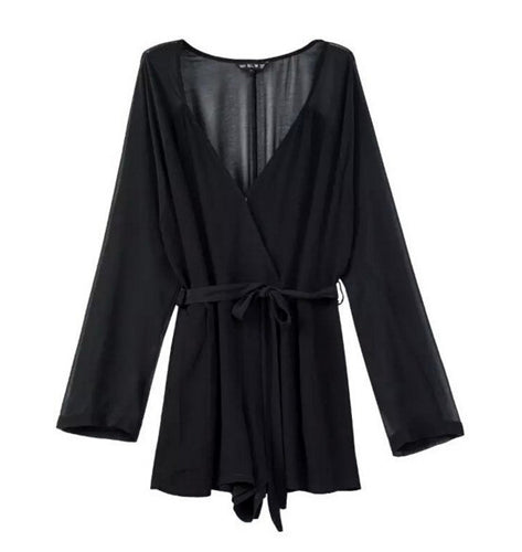 Stylish Sashes Long sleeve Short Jumpsuit Women Deep Cross V-Neck Chiffon Rompers Playsuits 3 colors