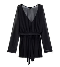 Stylish Sashes Long sleeve Short Jumpsuit Women Deep Cross V-Neck Chiffon Rompers Playsuits 3 colors