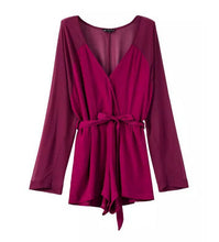 Stylish Sashes Long sleeve Short Jumpsuit Women Deep Cross V-Neck Chiffon Rompers Playsuits 3 colors