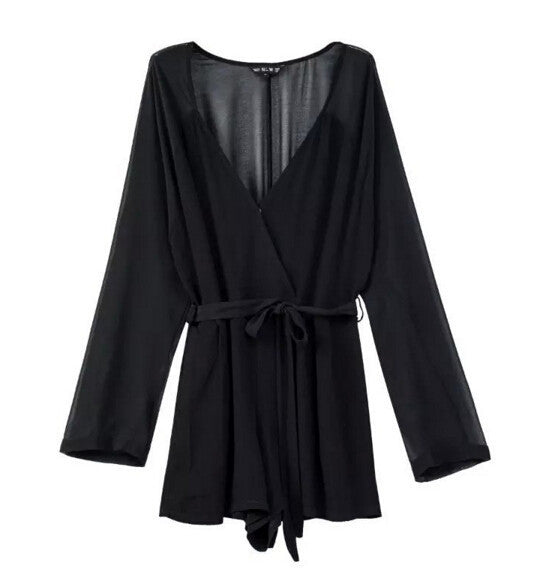 Stylish Sashes Long sleeve Short Jumpsuit Women Deep Cross V-Neck Chiffon Rompers Playsuits 3 colors