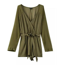 Stylish Sashes Long sleeve Short Jumpsuit Women Deep Cross V-Neck Chiffon Rompers Playsuits 3 colors