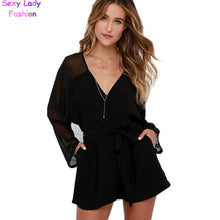 Stylish Sashes Long sleeve Short Jumpsuit Women Deep Cross V-Neck Chiffon Rompers Playsuits 3 colors