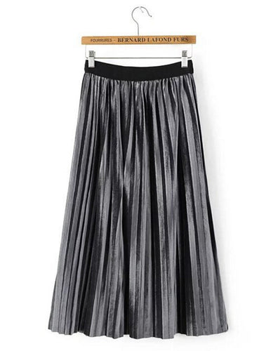 Stylish Spliced Elastic Waist Velour Midi Long Pleated Skirt Woman High Waist A line Skater Swing Skirts  76cm