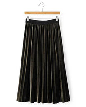 Stylish Spliced Elastic Waist Velour Midi Long Pleated Skirt Woman High Waist A line Skater Swing Skirts  76cm