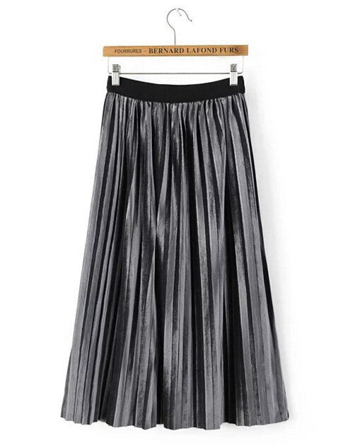 Stylish Spliced Elastic Waist Velour Midi Long Pleated Skirt Woman High Waist A line Skater Swing Skirts  76cm