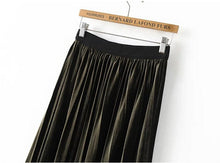 Stylish Spliced Elastic Waist Velour Midi Long Pleated Skirt Woman High Waist A line Skater Swing Skirts  76cm