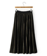 Stylish Spliced Elastic Waist Velour Midi Long Pleated Skirt Woman High Waist A line Skater Swing Skirts  76cm