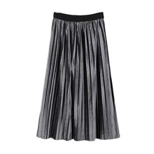 Stylish Spliced Elastic Waist Velour Midi Long Pleated Skirt Woman High Waist A line Skater Swing Skirts  76cm