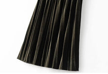 Stylish Spliced Elastic Waist Velour Midi Long Pleated Skirt Woman High Waist A line Skater Swing Skirts  76cm