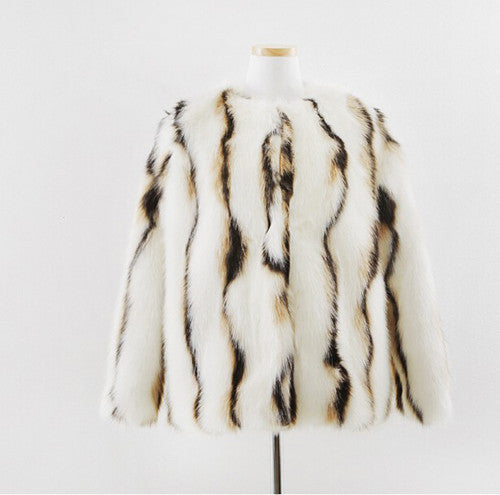 Stylish Wave Striped Long Hairy Shaggy Faux Fox Fur Coat Women O Neck Contrast color Faux Fur Jackets Short Outerwear