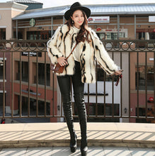 Stylish Wave Striped Long Hairy Shaggy Faux Fox Fur Coat Women O Neck Contrast color Faux Fur Jackets Short Outerwear