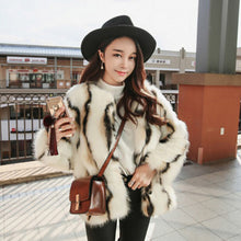 Stylish Wave Striped Long Hairy Shaggy Faux Fox Fur Coat Women O Neck Contrast color Faux Fur Jackets Short Outerwear
