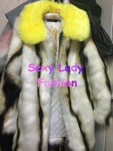 Stylish Wave Striped Long Hairy Shaggy Faux Fox Fur Coat Women Yellow Lapel Contrast color Faux Fur Jackets Short Outerwear