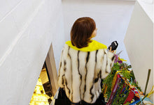 Stylish Wave Striped Long Hairy Shaggy Faux Fox Fur Coat Women Yellow Lapel Contrast color Faux Fur Jackets Short Outerwear