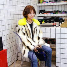 Stylish Wave Striped Long Hairy Shaggy Faux Fox Fur Coat Women Yellow Lapel Contrast color Faux Fur Jackets Short Outerwear