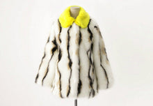 Stylish Wave Striped Long Hairy Shaggy Faux Fox Fur Coat Women Yellow Lapel Contrast color Faux Fur Jackets Short Outerwear