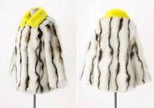 Stylish Wave Striped Long Hairy Shaggy Faux Fox Fur Coat Women Yellow Lapel Contrast color Faux Fur Jackets Short Outerwear