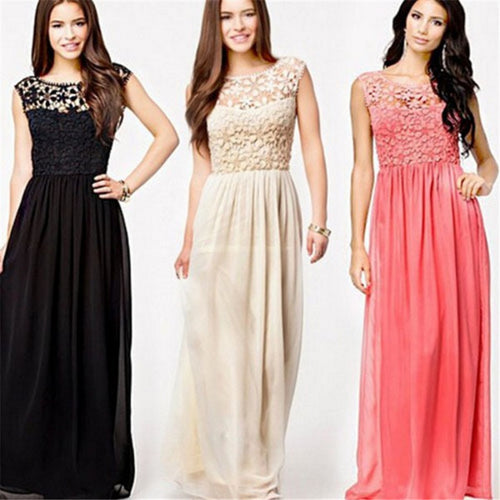 Elegant Chiffon Party Dresses Lace Floral Patchwork Long Dress Vestidos Femininos Sexy Backless Women Dress Vesidos