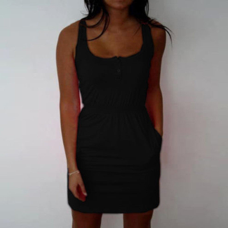 Candy Color Low Cut Buttons Vestidos Women Pleated Waist Sexy Tank Dress Causal Sport Mini Dress X0155