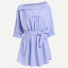 Casual Dress One Shoulder Striped Dress For Women Robe Button Side Half Sleeve Slip Shoulder Dress
