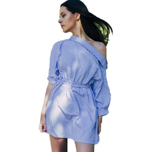 Casual Dress One Shoulder Striped Dress For Women Robe Button Side Half Sleeve Slip Shoulder Dress