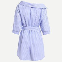 Casual Dress One Shoulder Striped Dress For Women Robe Button Side Half Sleeve Slip Shoulder Dress