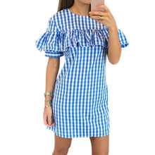 Casual Dress Women Ruffle Plaid Print Dress Short Sleeve Mini Dresses Lady Slim Dress Plus Size