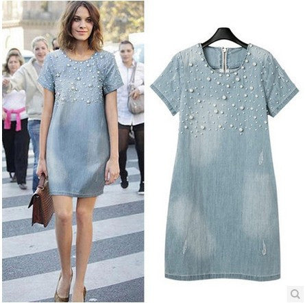 Dress Women Jean Dress Loose Short-Sleeve Beaded Denim Dresses Brand Vestidos Plus Size Dress 2XL