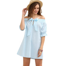 Dress Casual Off Shoulder Loose Women Dress Cute Vertrical Striped Chest Bow-tie Beach Dress Lady Vestidos