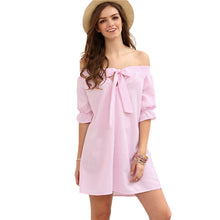 Dress Casual Off Shoulder Loose Women Dress Cute Vertrical Striped Chest Bow-tie Beach Dress Lady Vestidos