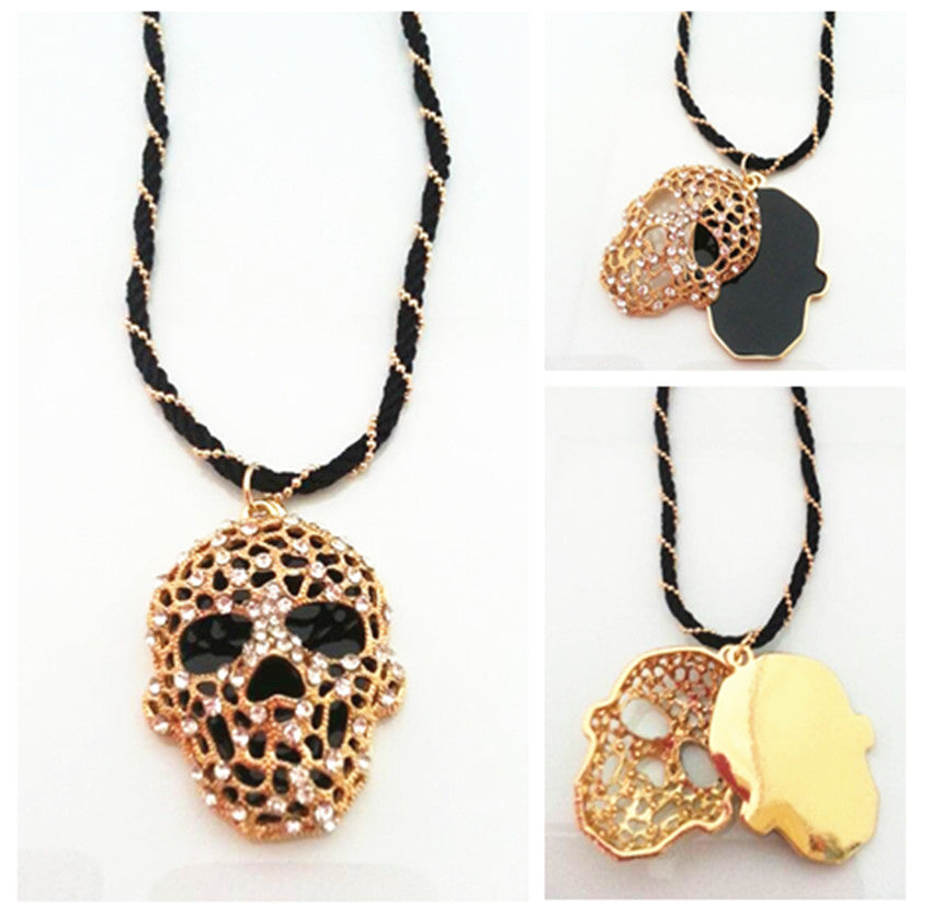 Personality Gold Alloy Jewelry Crystal Skeleton Black Necklace with Pendants Double Side Skull