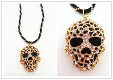 Personality Gold Alloy Jewelry Crystal Skeleton Black Necklace with Pendants Double Side Skull