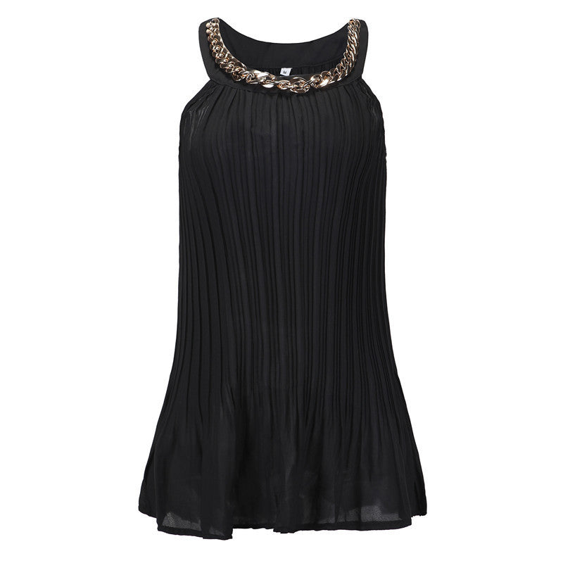 Pleated Chiffon Blouse Women Tops With Metal Chain Casual Sleeveless Tank Top Plus Size Shirts Women Blusa