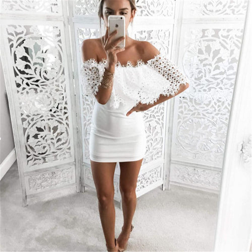 Sexy Slash Off Shoulder Party Dress Lace Patchwork Strapless Dress Women Slim White Lace Dress Sexy Bodycon Dress Mini