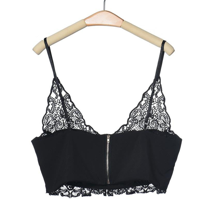 Sexy Women Lace Camisole Cropped Crochet Deep V Neck Bralet Spaghetti Strap Zip Back Tank Top Lace Crochet Bra Tank Top