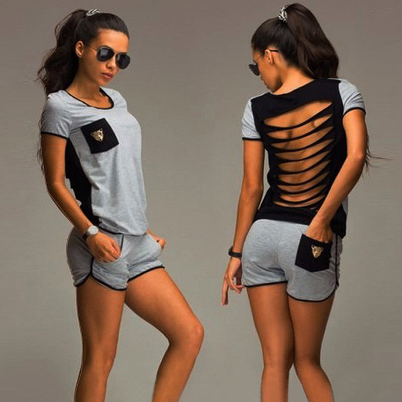 Sport Tracksuits For Women Back Hollow 2 Piece Set Women Sports Suit Sweatshirt+Shorts Women Clothing Set