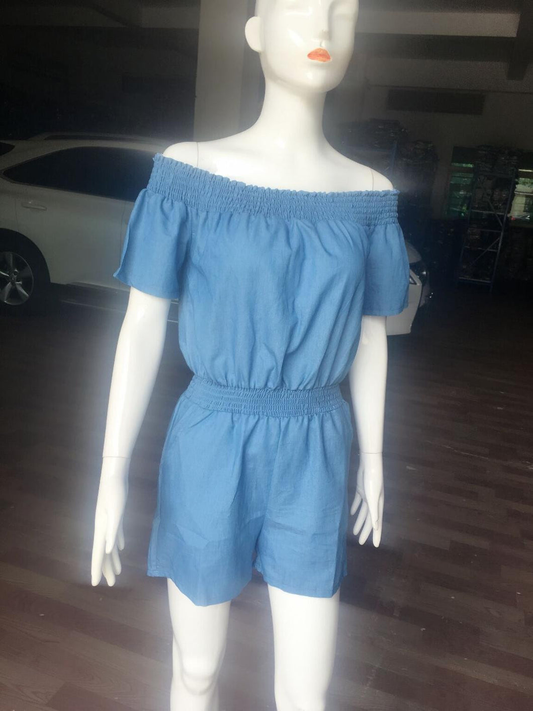 Style Women Jumpsuit Denim Overalls Sexy Slash Neck Shorts Jumpsuit Jeans Ladies Elastic Waist Jumpsuit Rompers