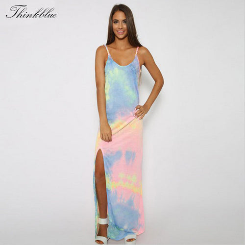 Style Boho Strap Maxi Dress Rainbow Gradient Cotton Long Dress Side Split Sexy Beach Dress V Neck Dresses