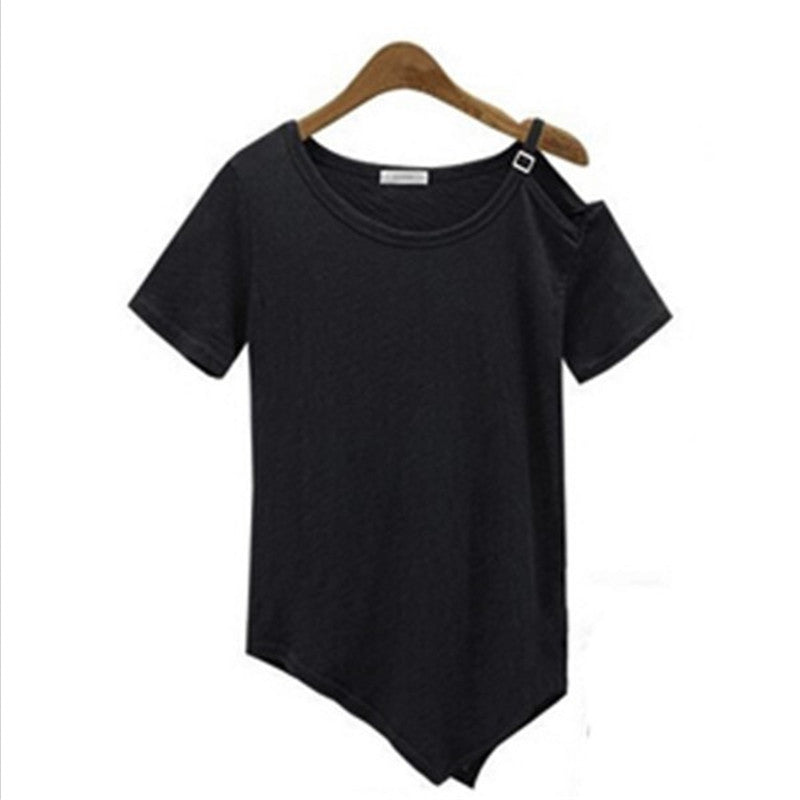 Tops Cotton Short Sleeve Off Shoulder Tee Shirt Femme Solid Women Tops Camisetas Irregular Hem T shirts For Women