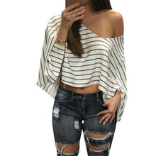 Tops Women Sexy Off Shoulder Striped Women Blouse Crop Top Flare Sleeve Loose Tops For Women One Shoulder Women Shirts