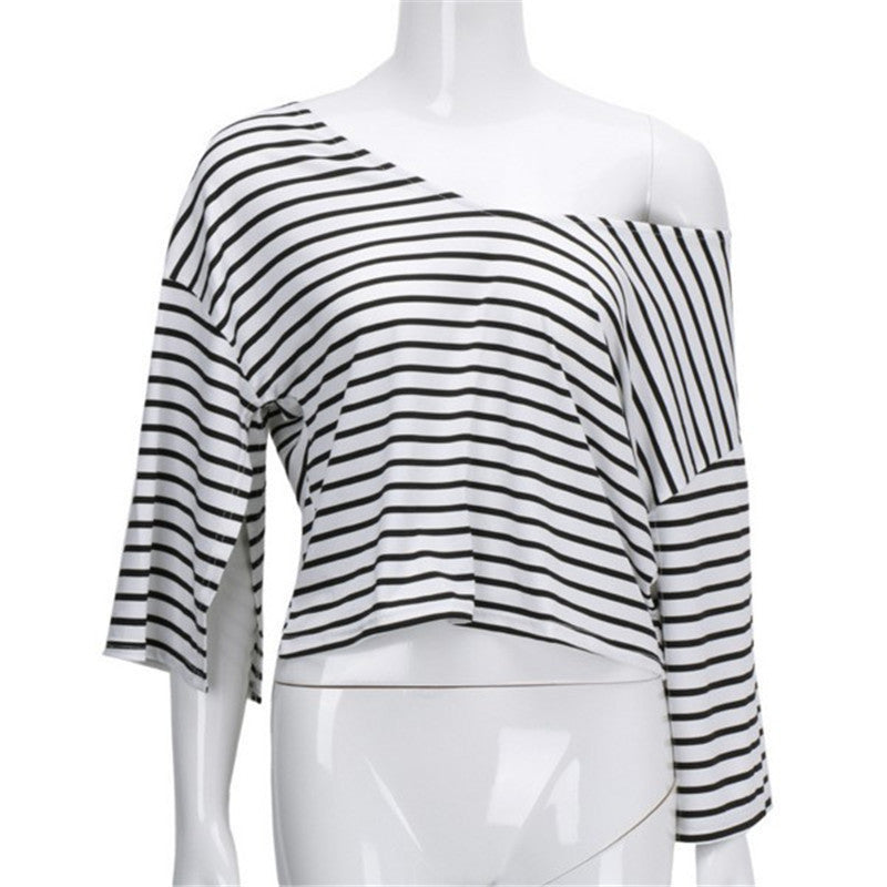 Tops Women Sexy Off Shoulder Striped Women Blouse Crop Top Flare Sleeve Loose Tops For Women One Shoulder Women Shirts