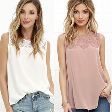 Women Blusas Sexy Lace Patchwork Chiffon Shirts Casual Sleeveless Blouse Trending Ladies Tops Pink White M0307