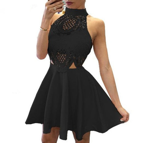 Women Dress Sexy Backless Halter Party Dress Lace Patchwork Beach Dresses Sexy Cut Out Women Dress Robe Femme