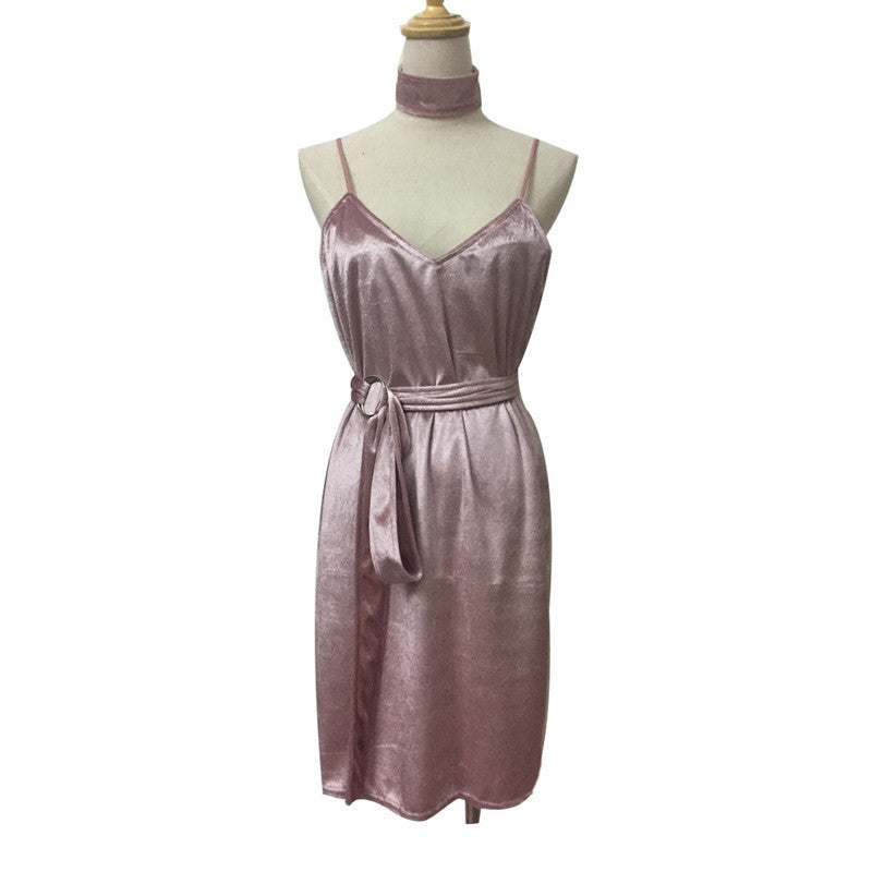 Women Dress Sexy Deep V Strap Dress Pink Backless Party Dress With Sashes Solid Color Casual Dresses Robe Femme