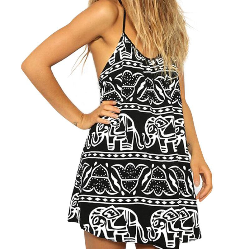 women-ladies-sleeveless-beach-dress-elephant-printed-mini-strap-sundress-y4 BBL
