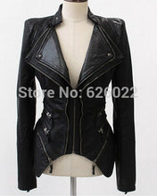 Supper ~ Women Spliced Snake Pattern Shrug Shoulder Pads Double Lapels Zipper Exposed Asymmetric Faux Leather Biker Jacket Coat