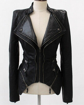 Supper ~ Women Spliced Snake Pattern Shrug Shoulder Pads Double Lapels Zipper Exposed Asymmetric Faux Leather Biker Jacket Coat