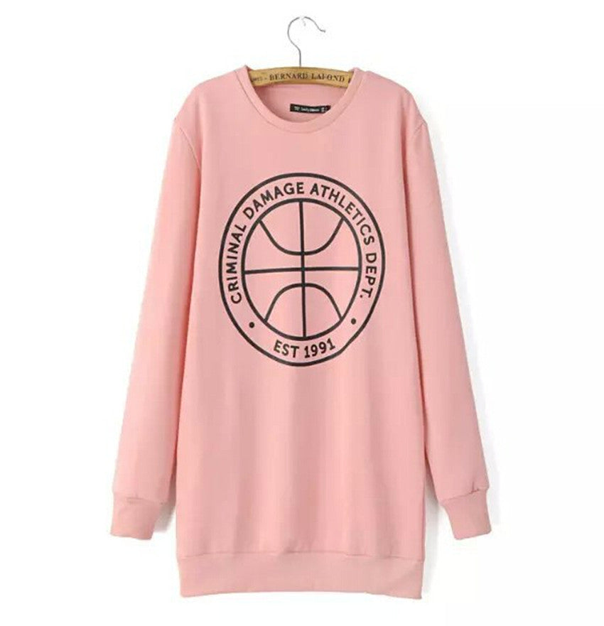 Trendy Ball & Letter Print Pink Long Pullover Sweatshirt Women's O neck Long Sleeve Casual Jumper Hoodies Sweats Tops