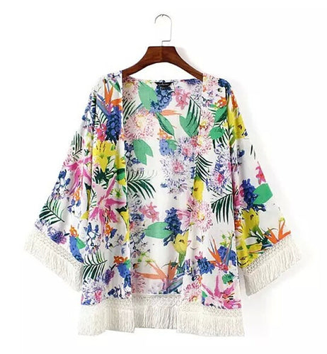 Trendy Contrast Leaf & Flower Print Spliced Tassel hem Cotton Cardigan Kimono Blouse Women's Loose Shirt Blouses Tops