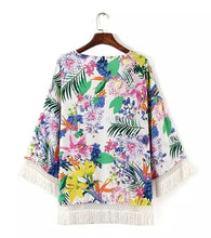 Trendy Contrast Leaf & Flower Print Spliced Tassel hem Cotton Cardigan Kimono Blouse Women's Loose Shirt Blouses Tops